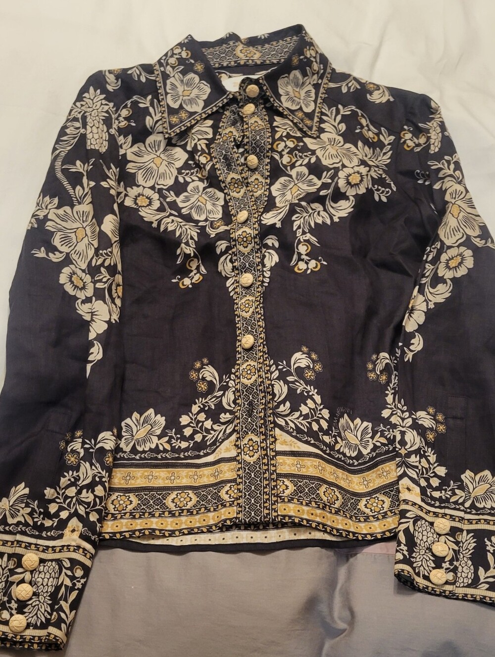 Zimmermann Black Floral Button-Up Blouse And Skirt Set with Cream Accents